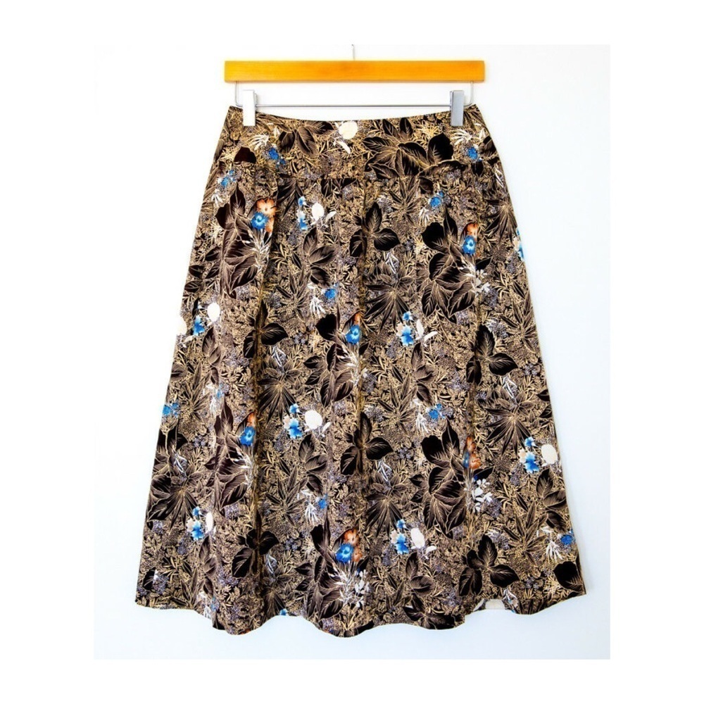 Vintage 70s floral knee-length high-waist flare skirt S brown floral retro print